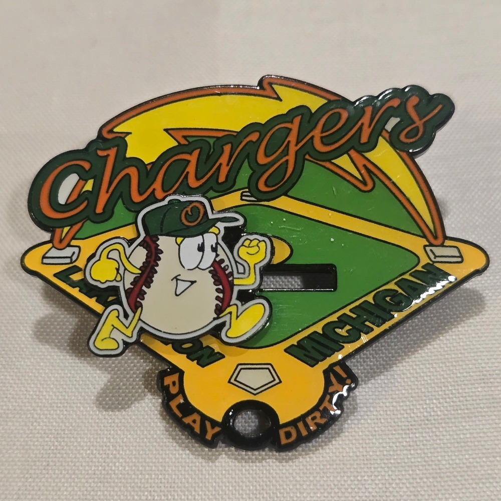 Lake Orion Michigan Baseball Charm Lapel Chargers Mascot Play Dirty Sliding Pinβ